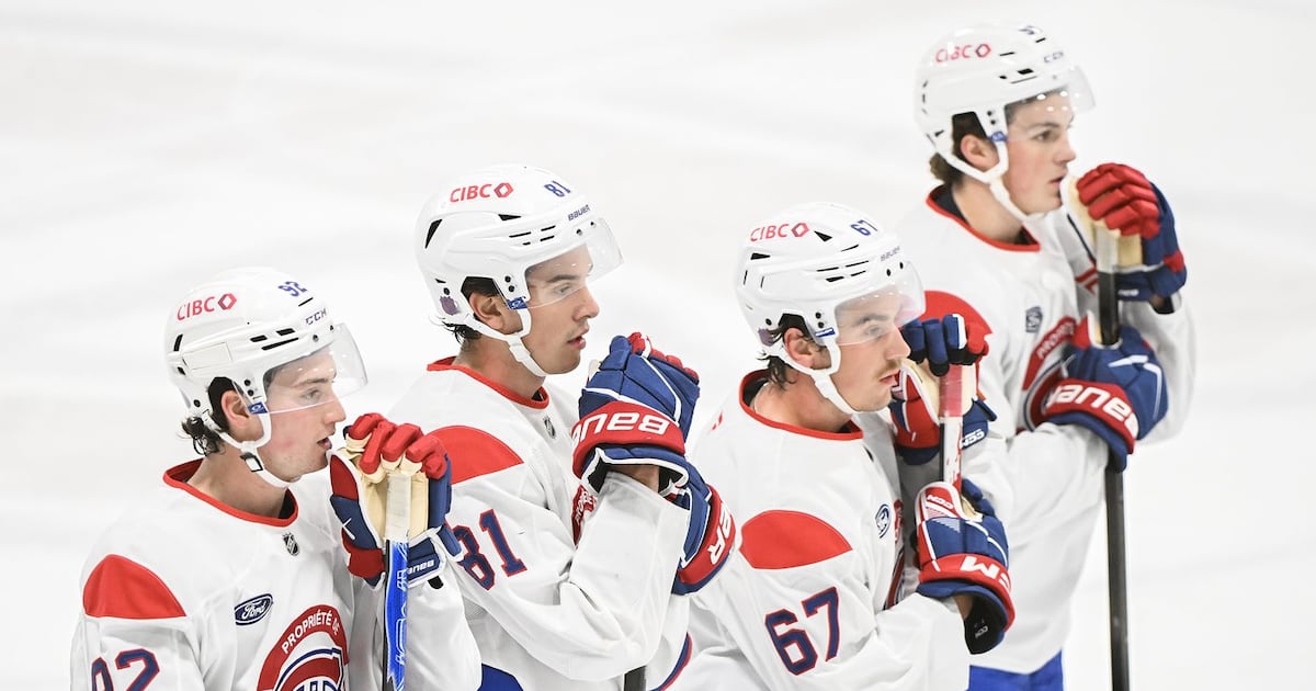 Photo: Noovo Info Les espoirs du Canadien de Montréal Alexander Donovan (92), Parker Trottier (81), Josh Nadeau (67) et Braydon McCallum (59)