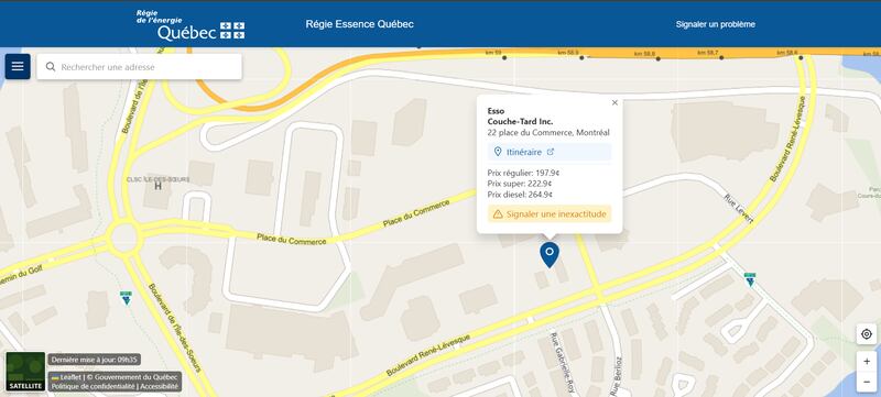 La carte interactive Régie essence Québec de la Régie de l'énergie. La carte affiche ici le prix d'un détaillant situé au 22 place du Commerce à Montréal à 9h42 le 1er avril 2026.