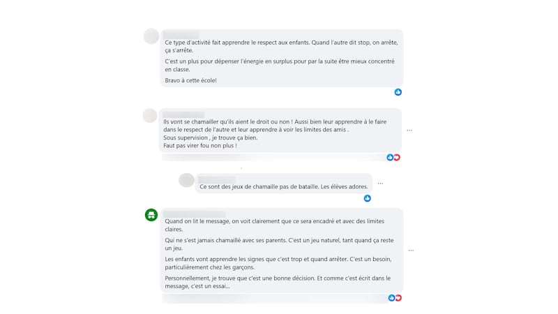L'implantation d'une zone de «chamaillage» à l'école l'Aubier à St-Lin-Laurentides a suscité des réactions notamment via la page Spotted St-Lin-Laurentides sur Facebook, mai 2026. Capture d'écran de certains messages.