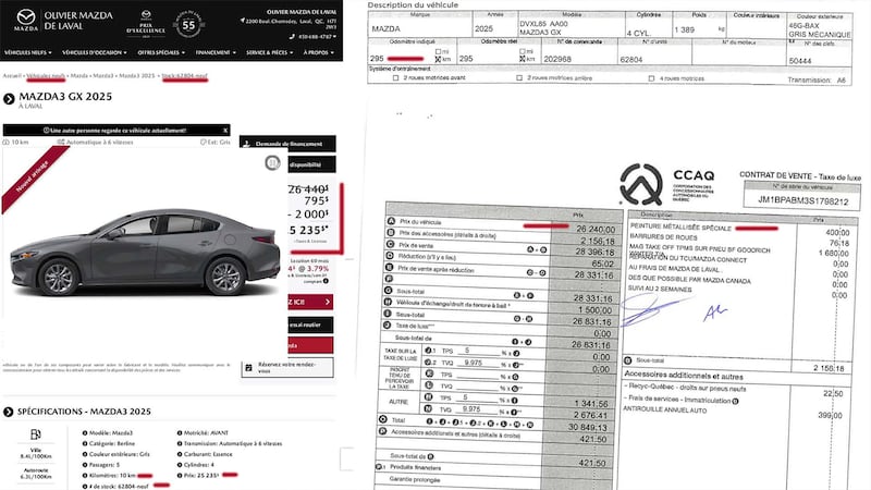 Noovo Info a demandé à Jesse Caron, expert automobile chez CAA-Québec, d’analyser, entre autres, l’annonce de la voiture Mazda consultée par Alex Kisa ainsi que son contrat d’achat. Quelques anomalies ont été décelées.
